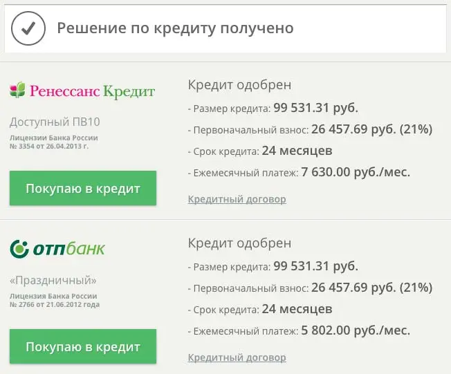 Одобренные варианты кредита